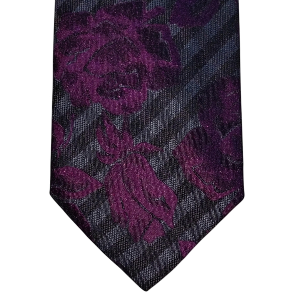 Dion Collection Silk Necktie Mens Black Gray Plaid Purple Rose Designer Tie EUC